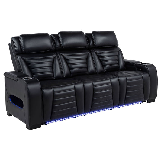 Zuma Faux Leather Dual Power Reclining LED Sofa Black