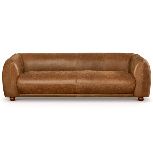 Mila Mid-Century Modern Brown Genuine Leather Sofa