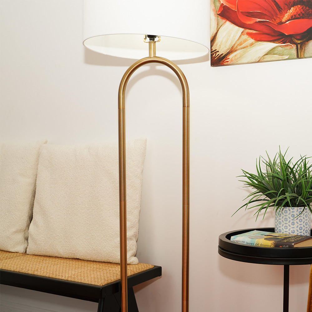 Vivid Brass Ring Base Floor Lamp with Large White Drum Shade
