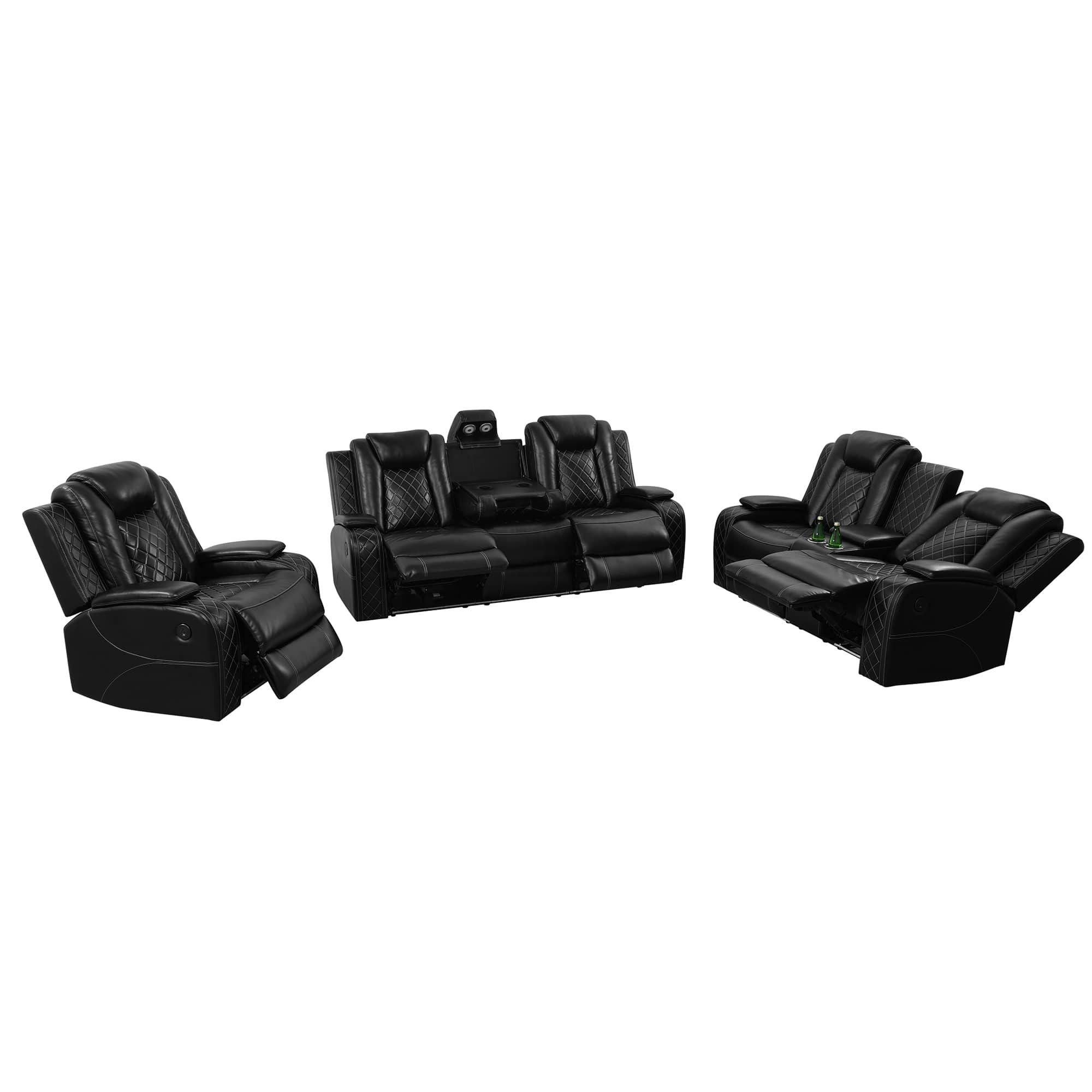 Black Breathing Leather 3-Piece Living Room Recliner Sofa Set