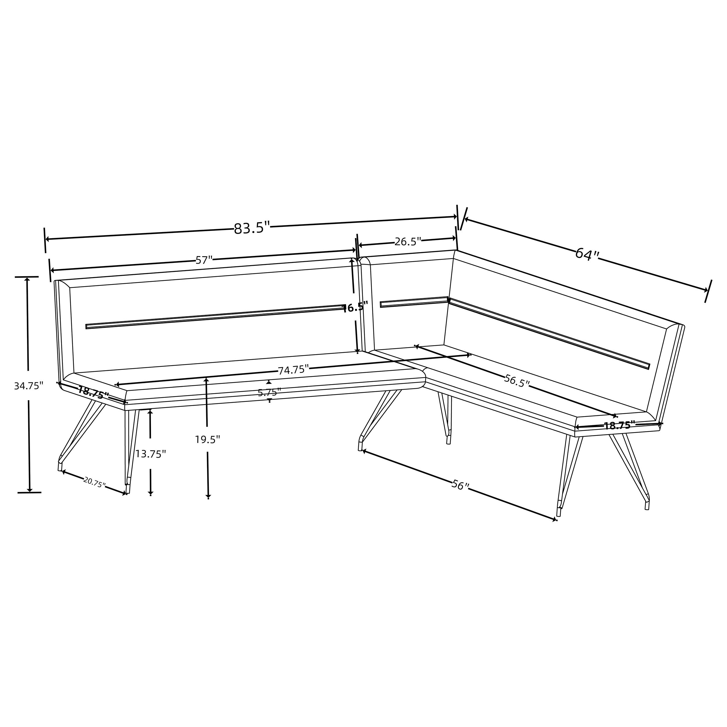 Dodson Fabric Upholstered L-Shaped Nook Dining Bench with Cushioned Seating