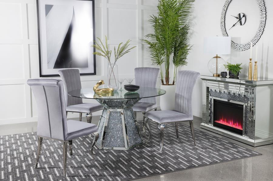 Quinn 5-piece Round Glass Top Mirrored Dining Set