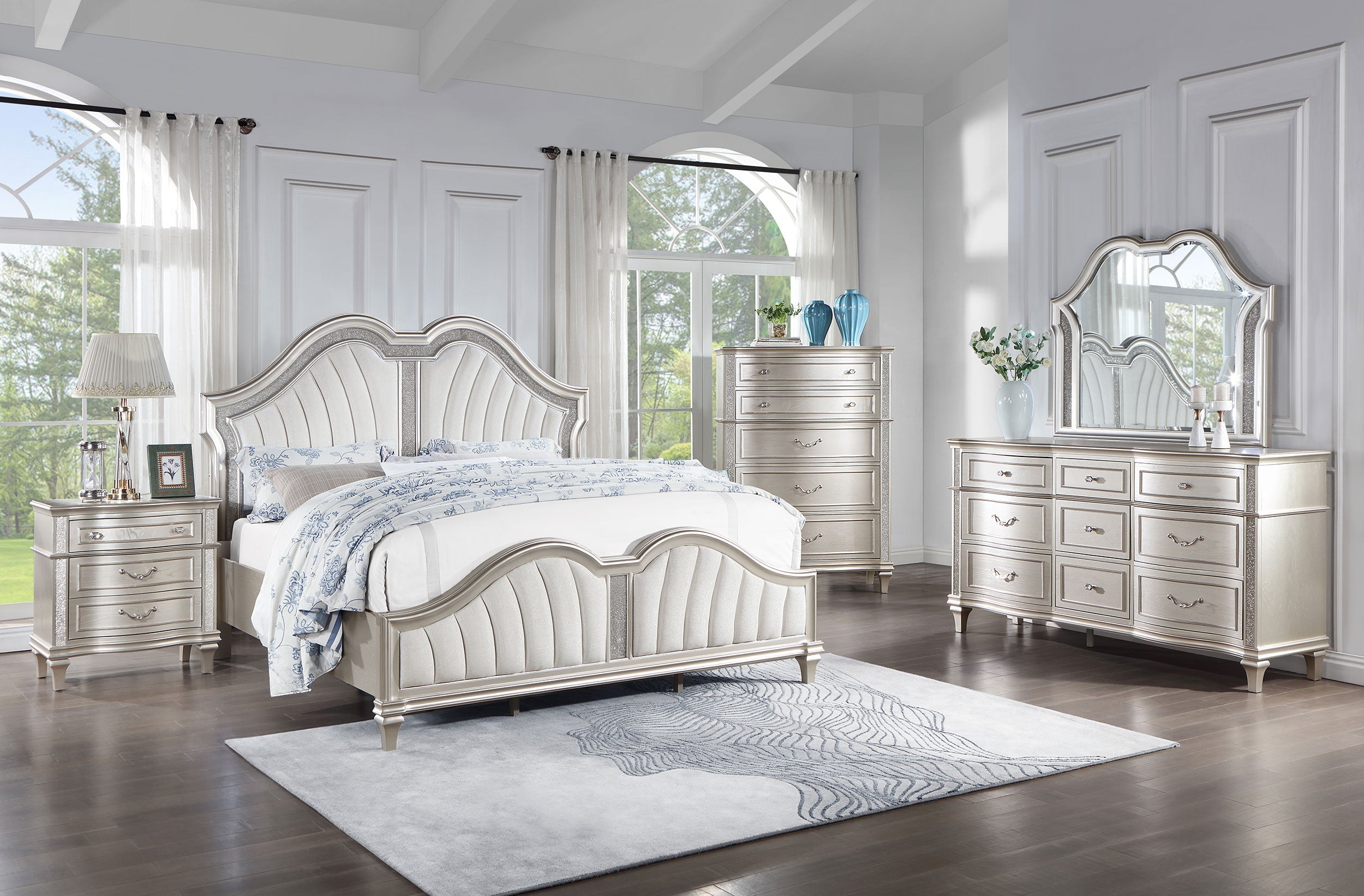 Evangeline Wood LED Panel Bed Silver Oak