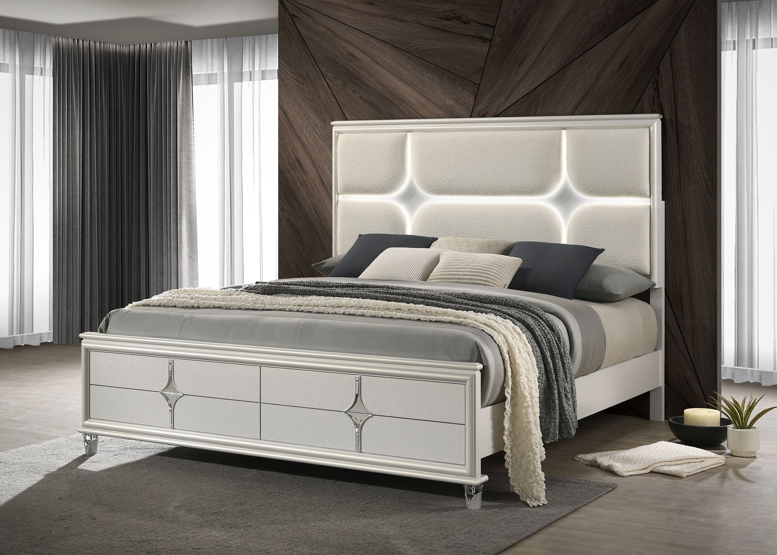 Olivia Panel Bed LED Headboard Pearl