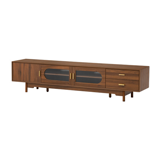 Modern TV Stand for 75-85 inch TVs with Fluted Glass Doors, 2 Drawers, Walnut Solid Wood Legs, 78.7'' L