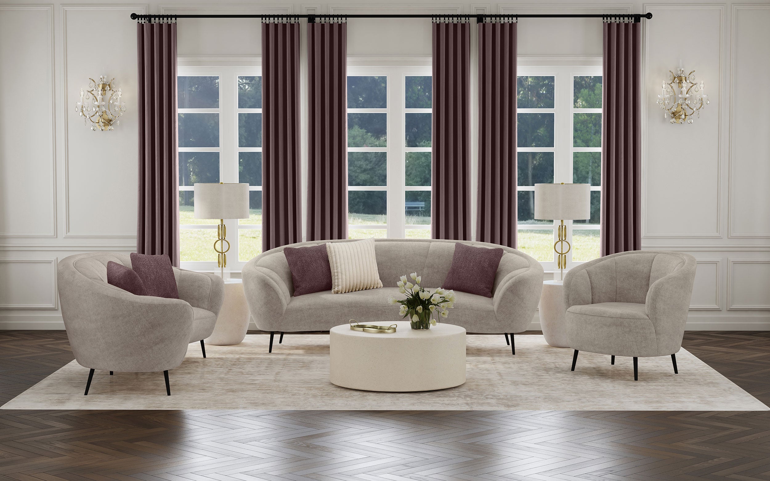 Ellorie Upholstered Curved Sofa Set Beige