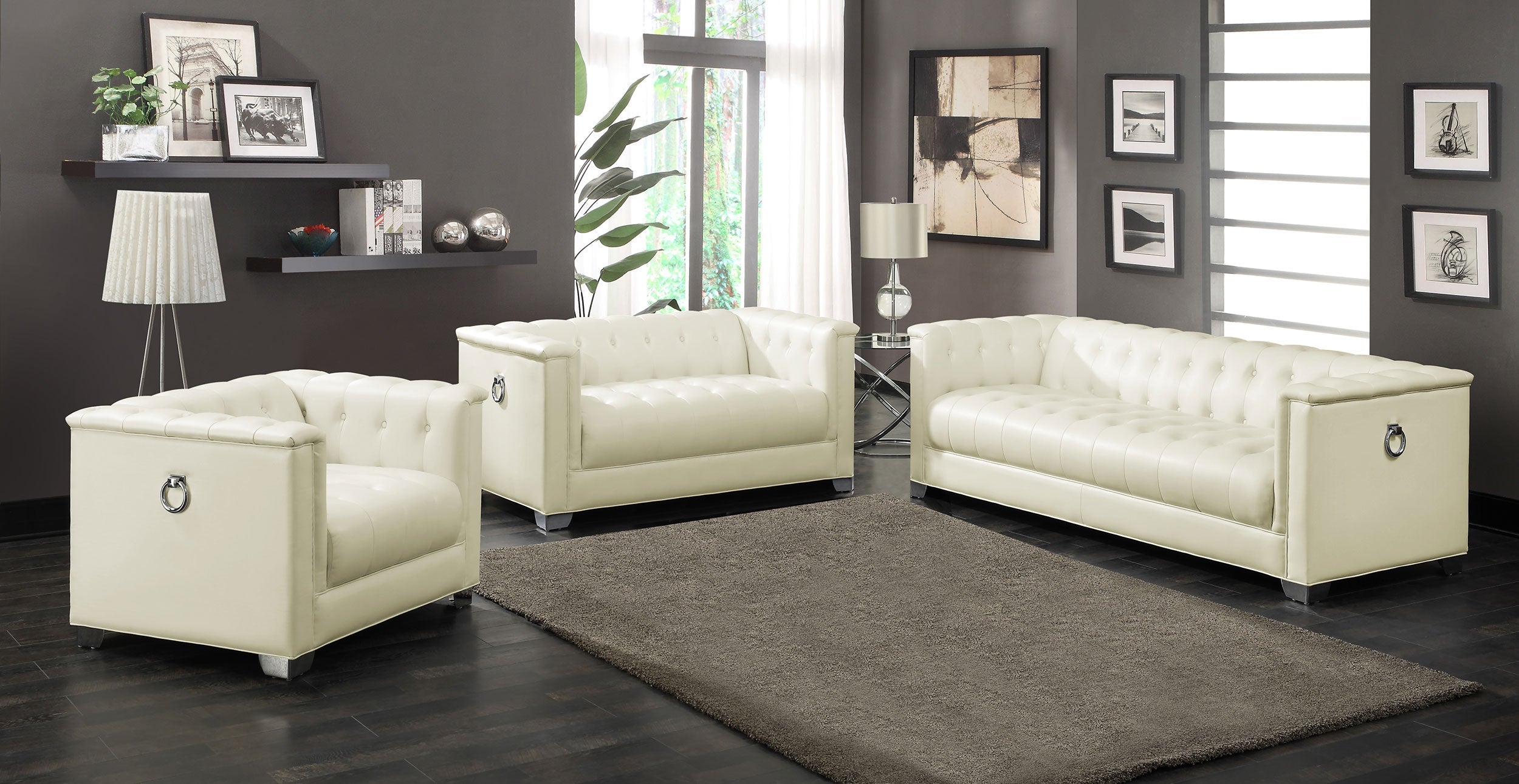 Chaviano Upholstered Track Arm Sofa Set Pearl
