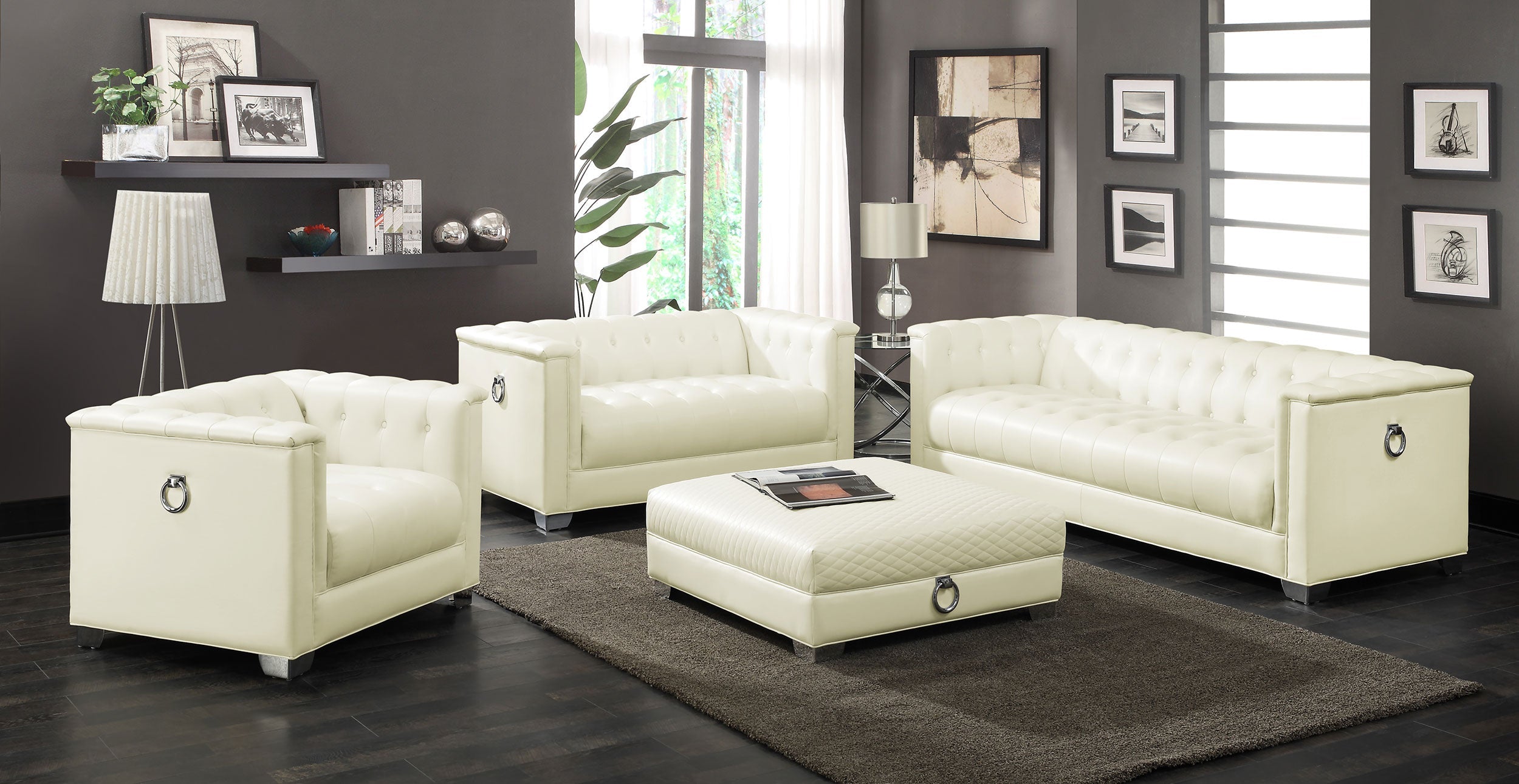 Chaviano Upholstered Track Arm Sofa Set Pearl