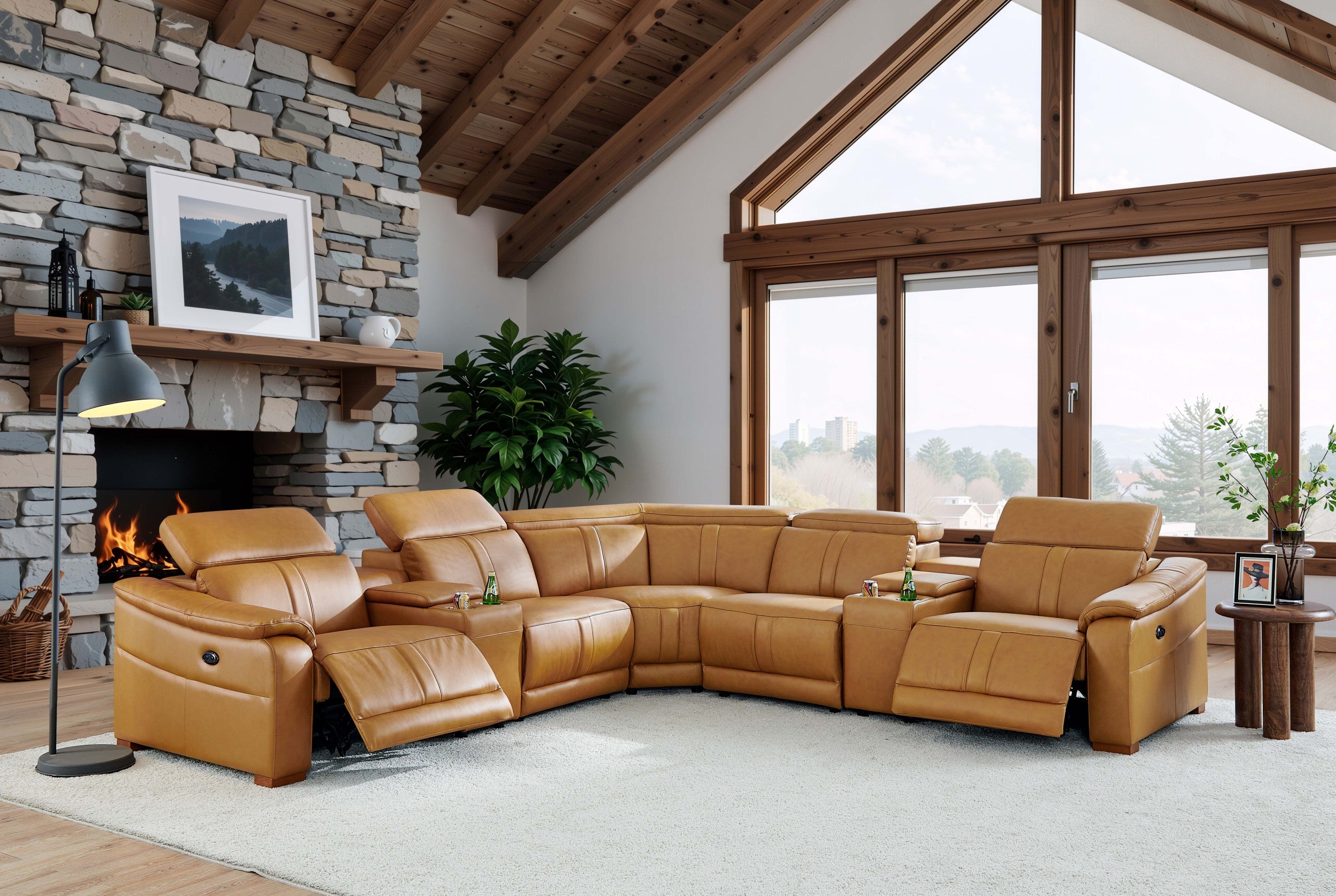 Leather Match Modular Sectional with Recliner Seat and Adjustable Headrest and Storage Console with Cup Holders