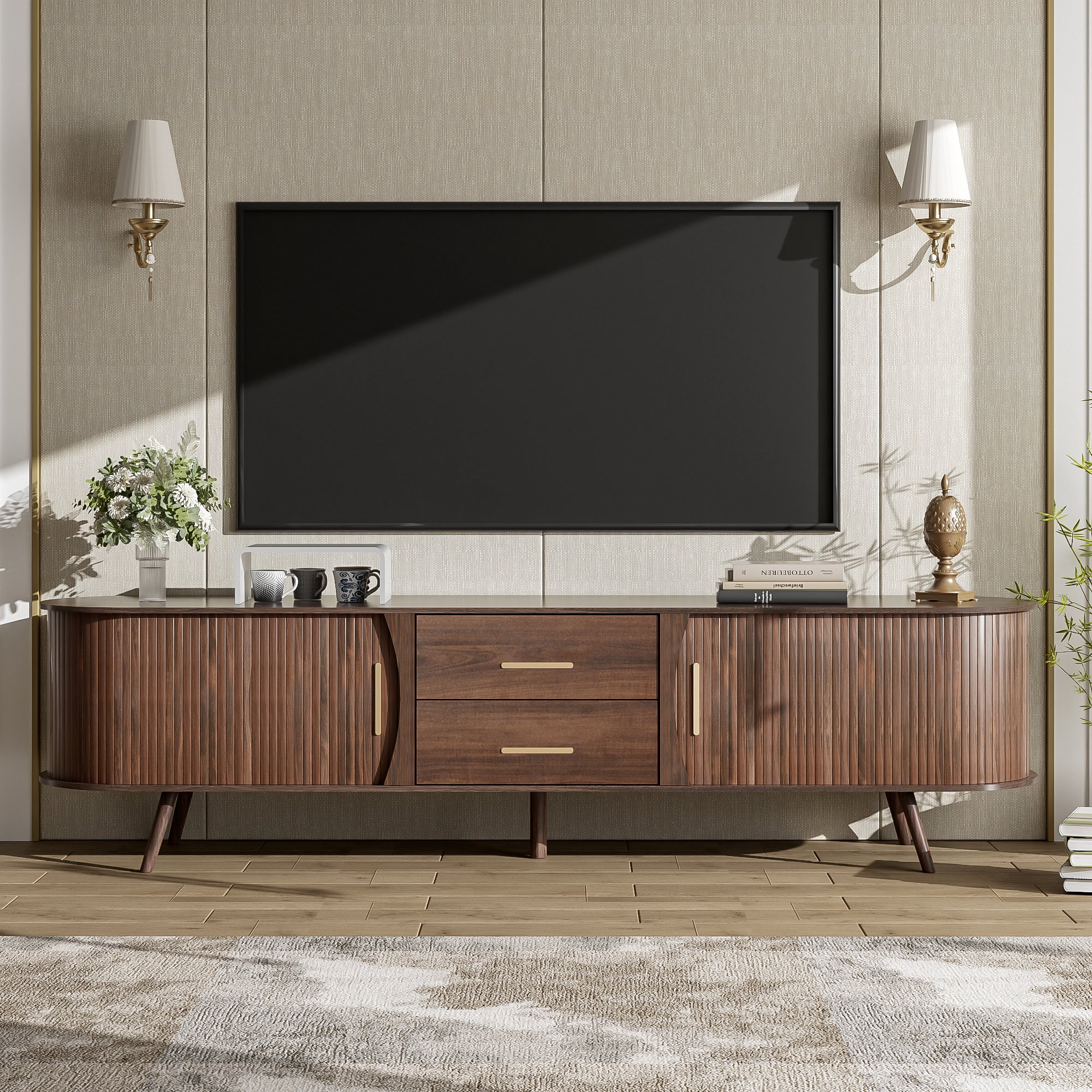 Mid-Century Modern TV Stand for 80' TV, Entertainment Center with Storage for Living Room, Bedroom, Media Console Table with 2 Drawers
