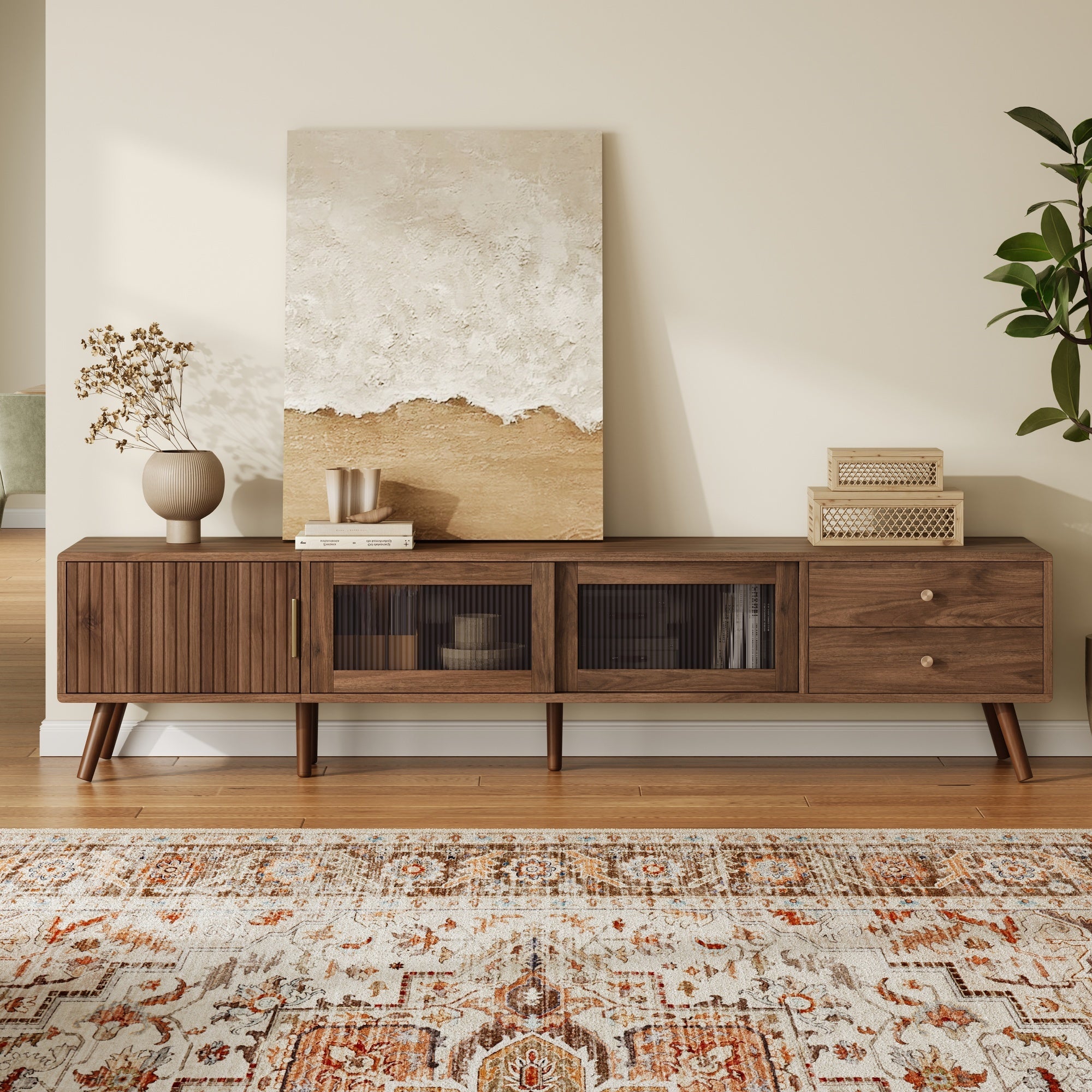 76' Modern Minimal Glass-Doors TV Stand for TVs up to 85 Inches, Wood-Grain Entertainment Center with Storage Cabinets, TV Media Console Table for Living Room, Bedroom