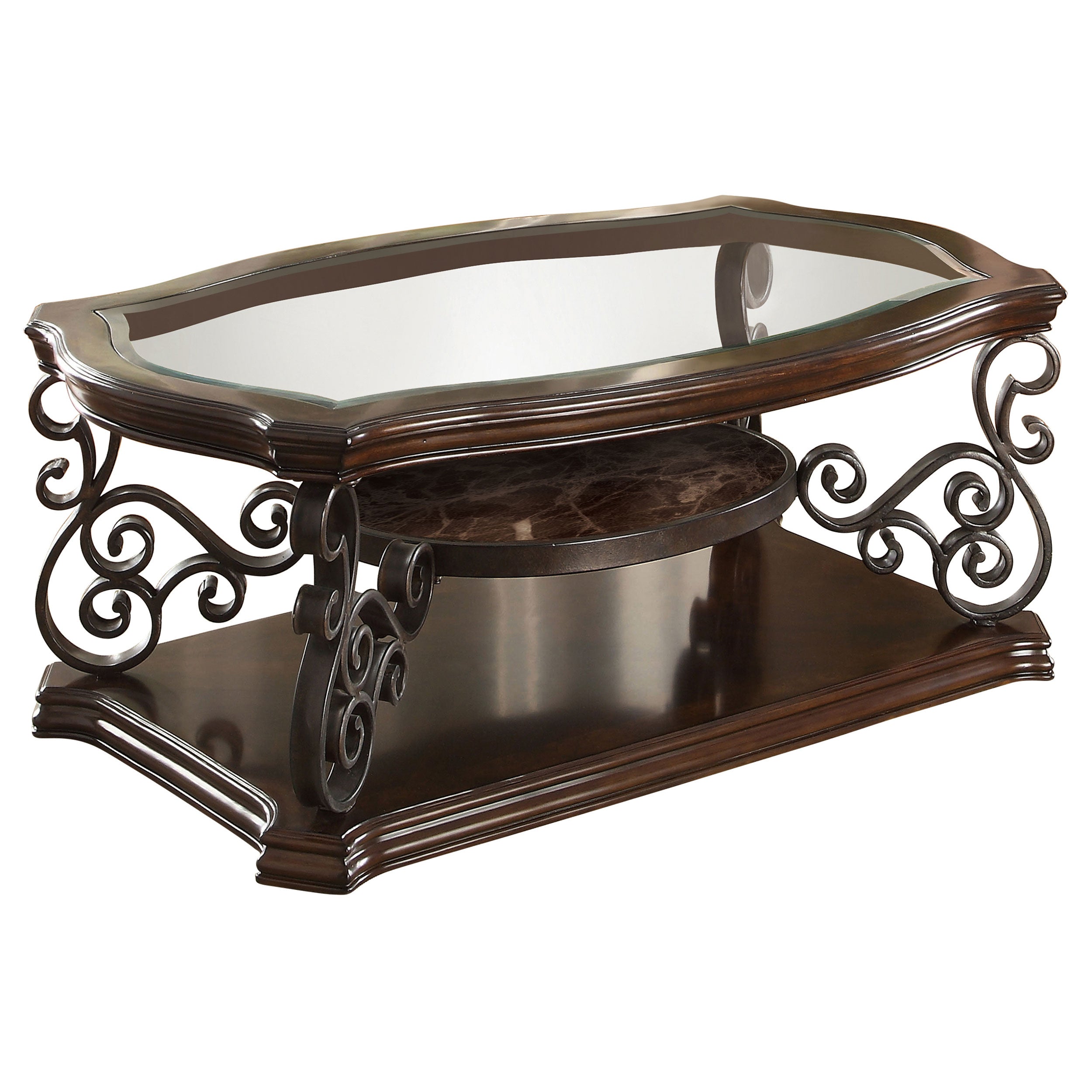 Laney Glass Top Coffee and End Table Set Dark Merlot