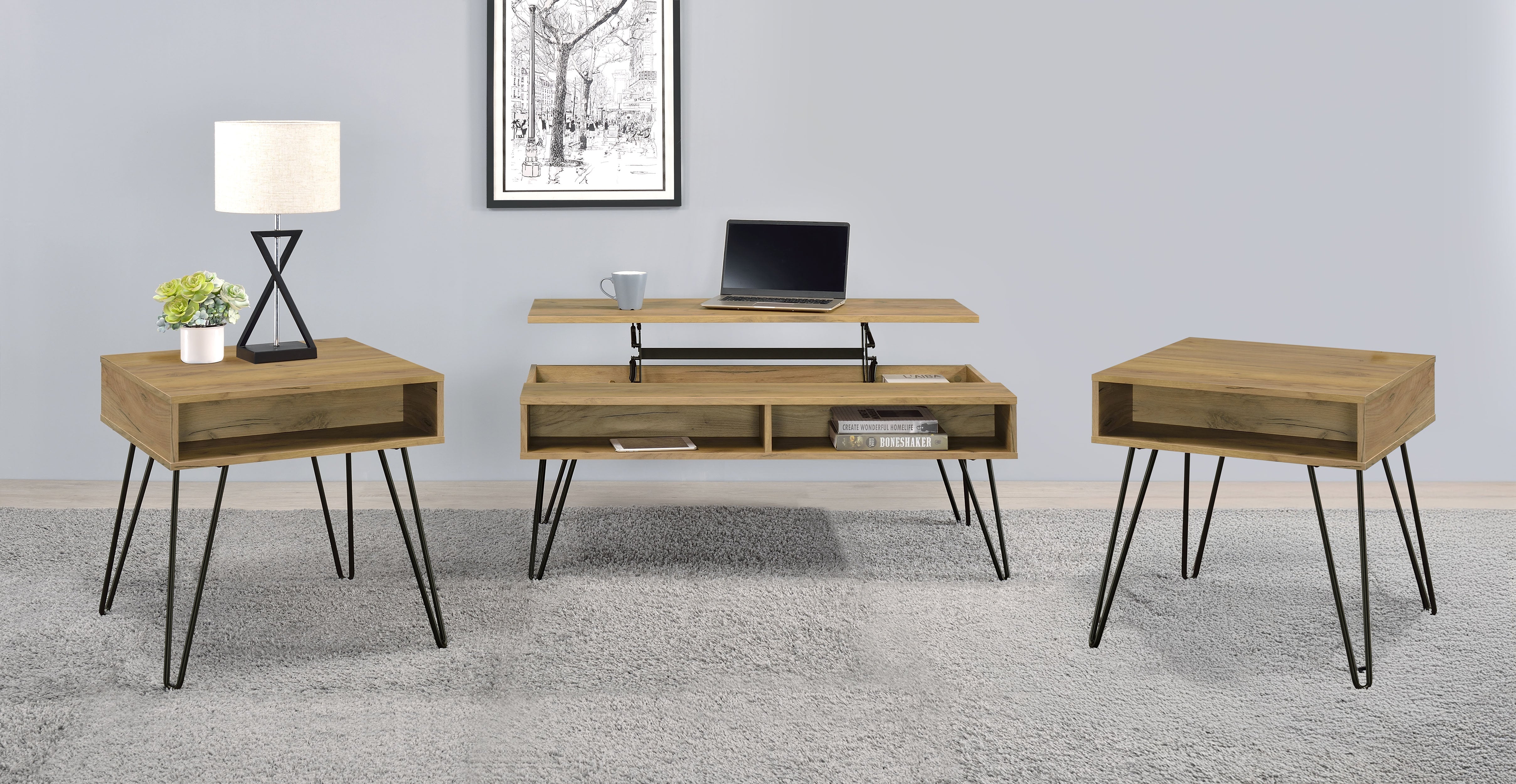 Fanning Lift Top Coffee and End Table Set Golden Oak