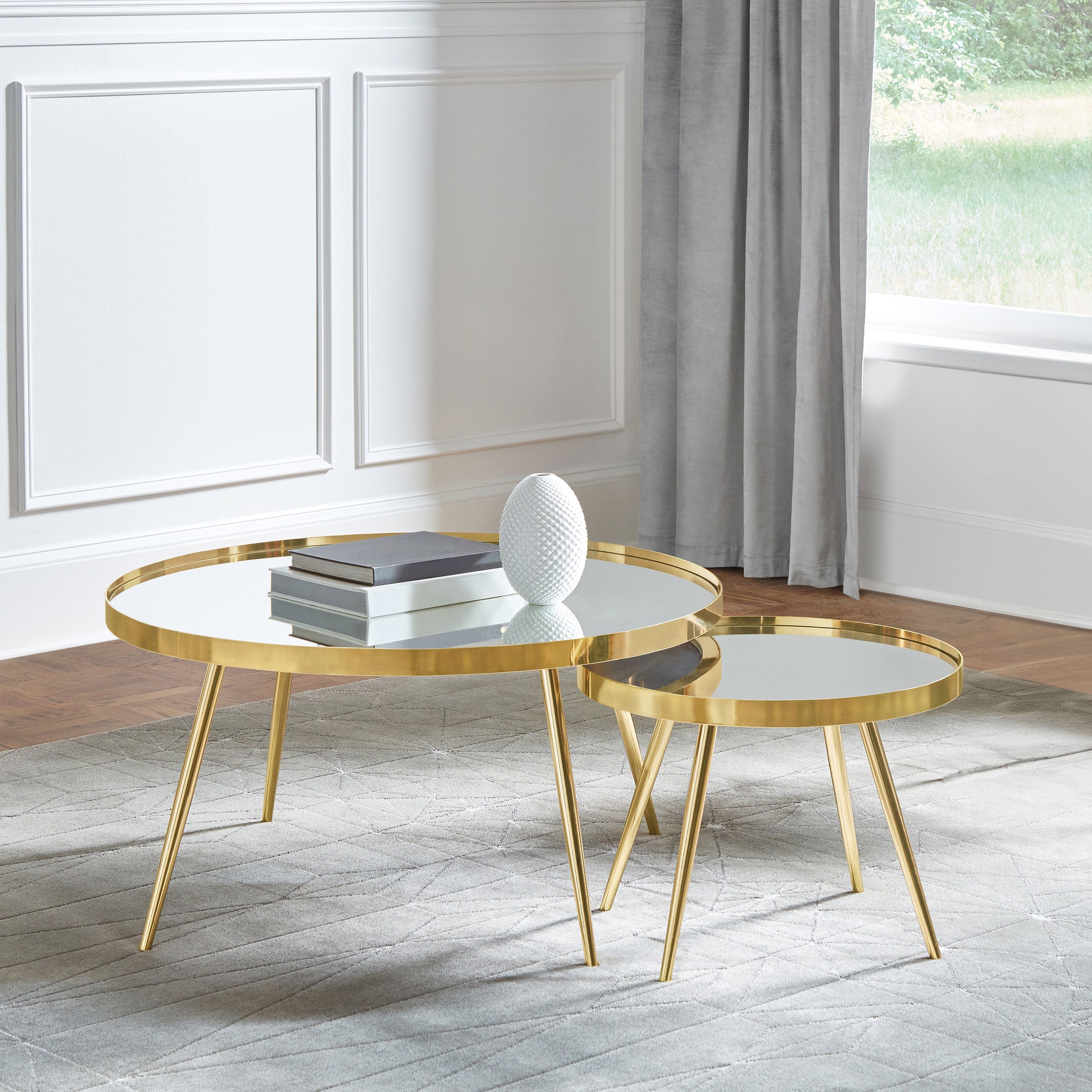 Kaelyn Round Mirror Top Nesting Coffee Table
