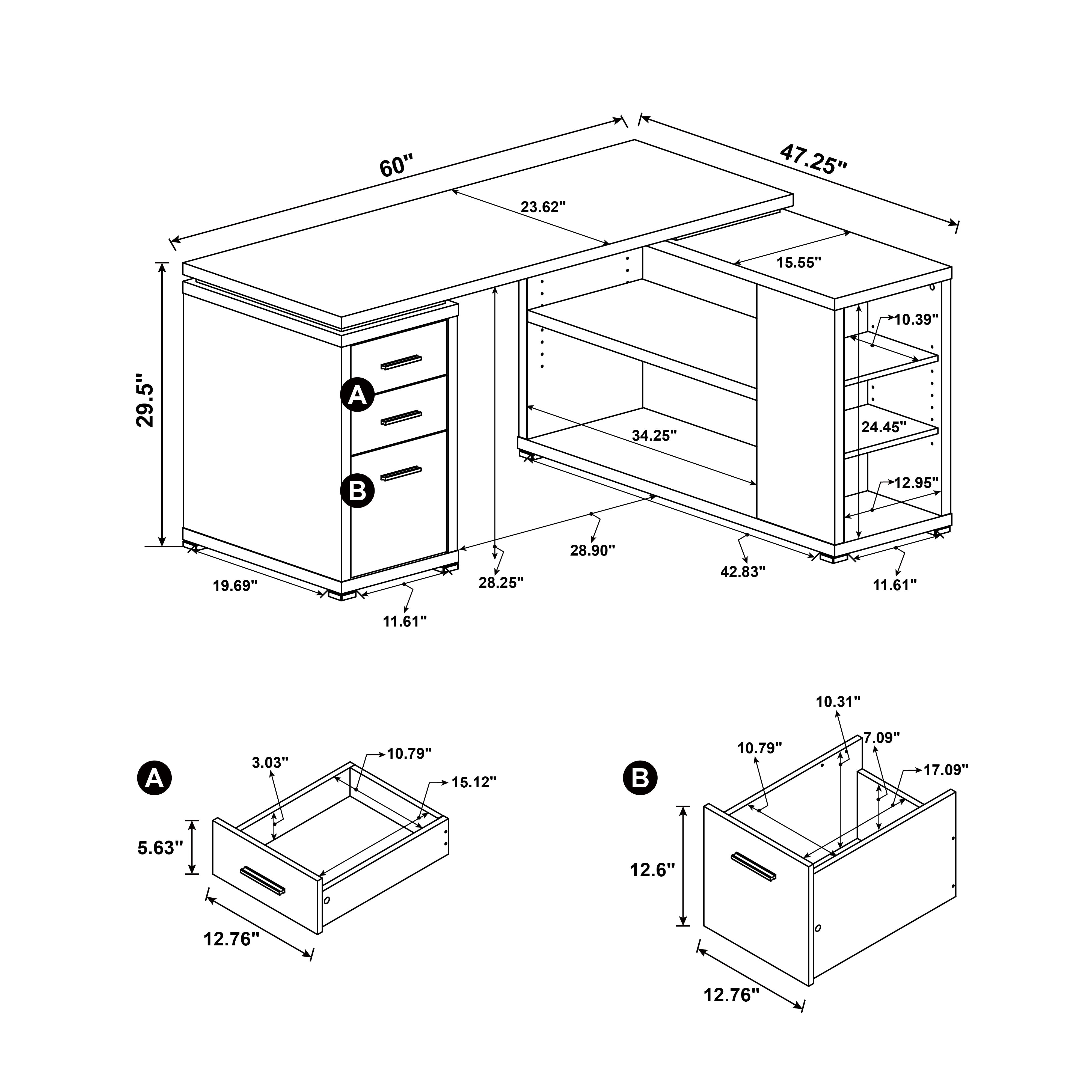 Yvette 60-inch 3-drawer L-Shape Computer Desk