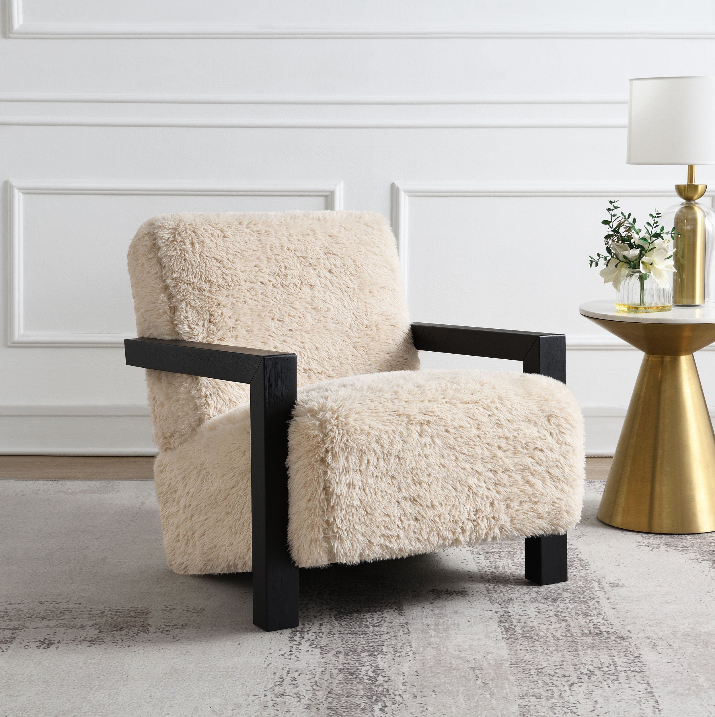 Fitzroy Faux Fur Upholstered Chair Solid Wood Arms