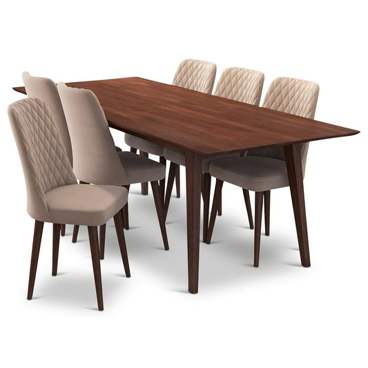 Adira (Xlarge - Walnut) Dining Set With 6 Evette (Beige Velvet) Dining Chairs