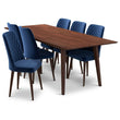 Adira (Xlarge - Walnut) Dining Set With 6 Evette (Blue Velvet) Dining Chairs