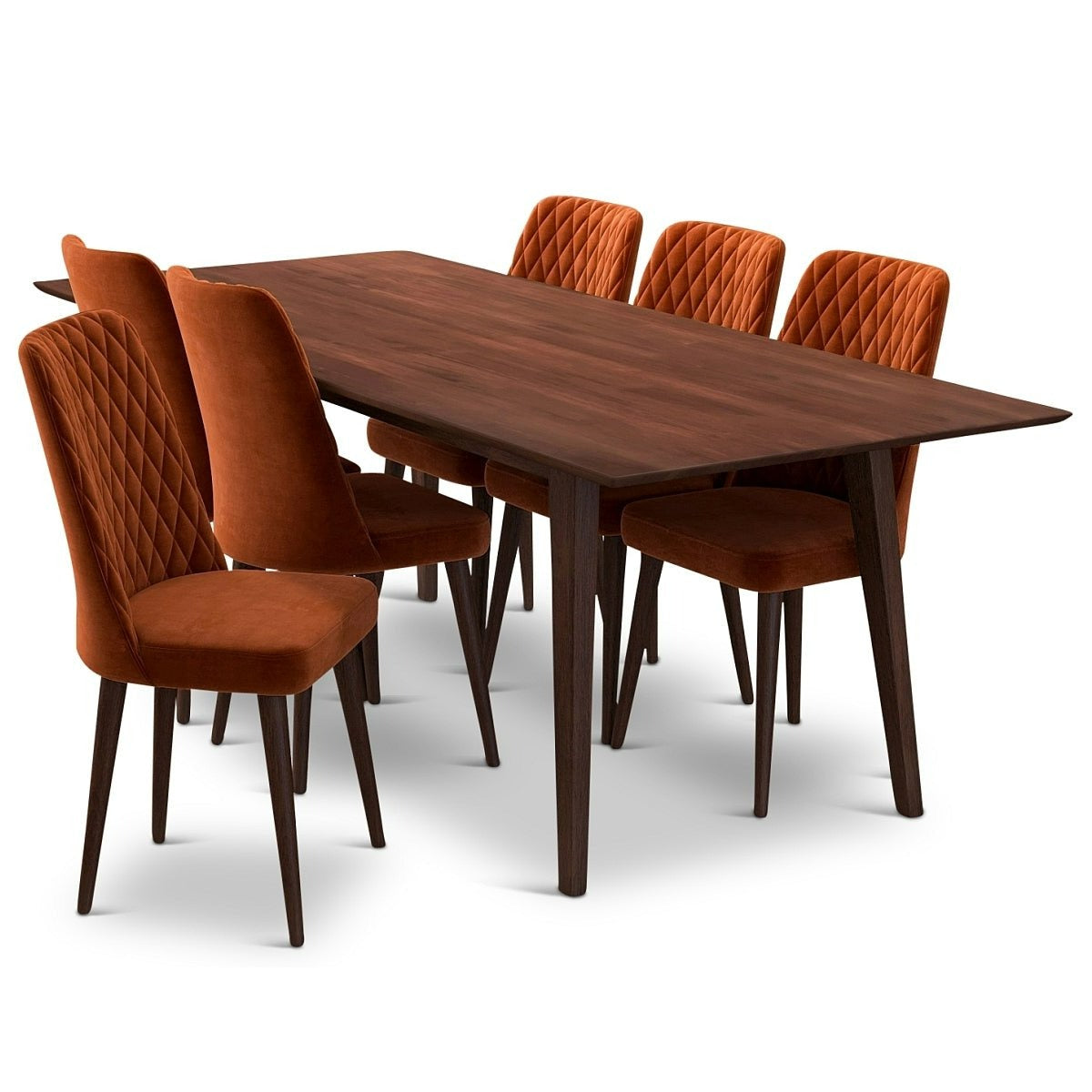 Adira (Xlarge - Walnut) Dining Set With 6 Evette (Burnt Orange Velvet) Dining Chairs