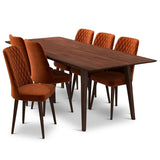 Adira (Xlarge - Walnut) Dining Set With 6 Evette (Burnt Orange Velvet) Dining Chairs