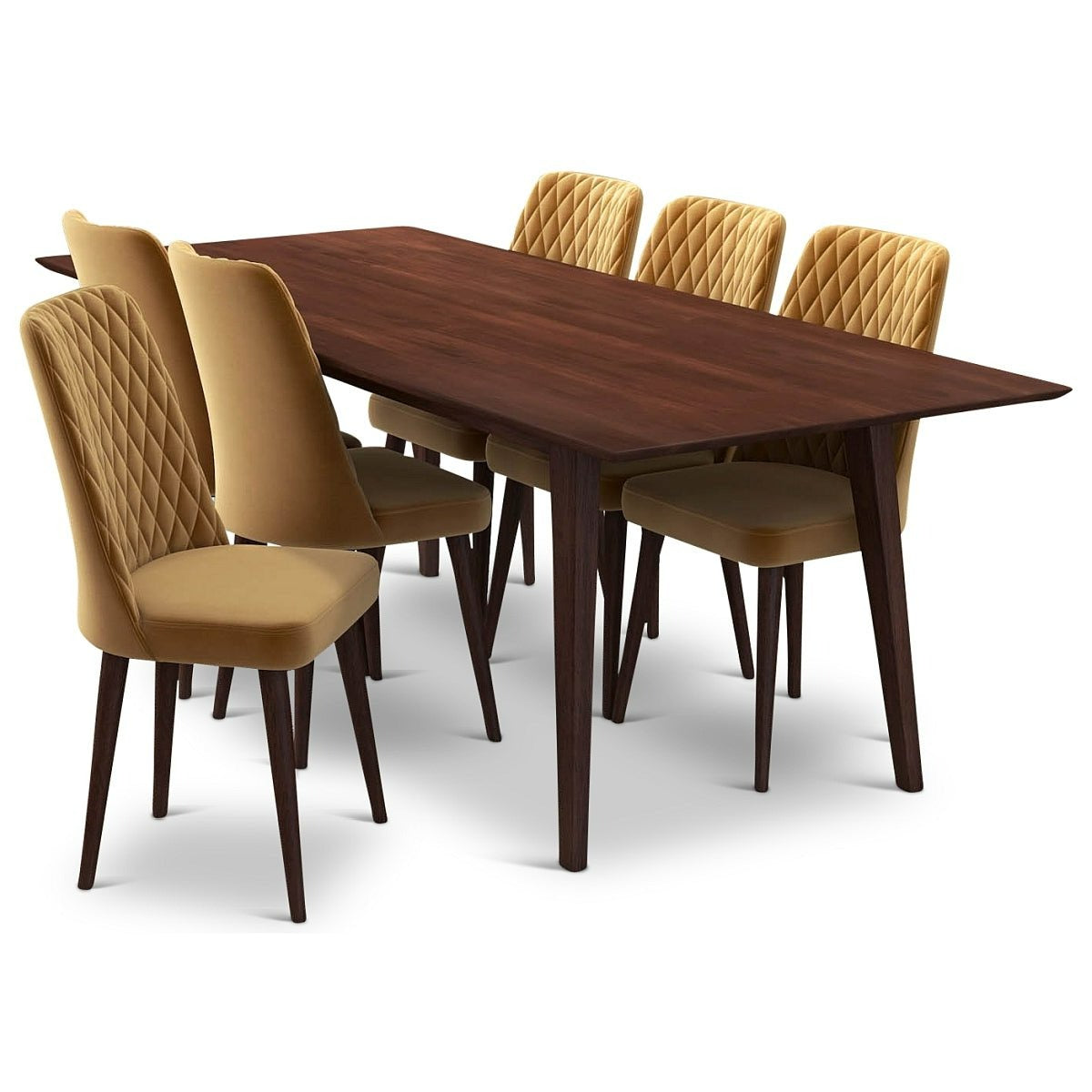 Adira (Xlarge - Walnut) Dining Set With 6 Evette (Gold Velvet) Dining Chairs