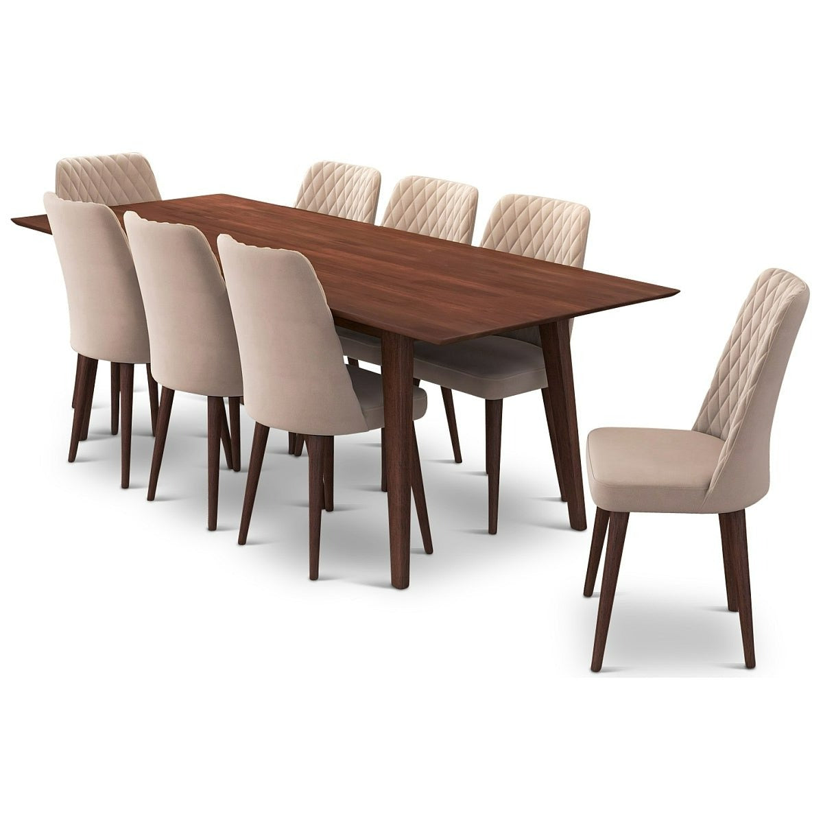 Adira (Xlarge - Walnut) Dining Set With 8 Evette (Beige Velvet) Dining Chairs