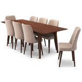 Adira (Xlarge - Walnut) Dining Set With 8 Evette (Beige Velvet) Dining Chairs