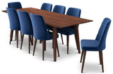 Adira (Xlarge - Walnut) Dining Set With 8 Evette (Blue Velvet) Dining Chairs