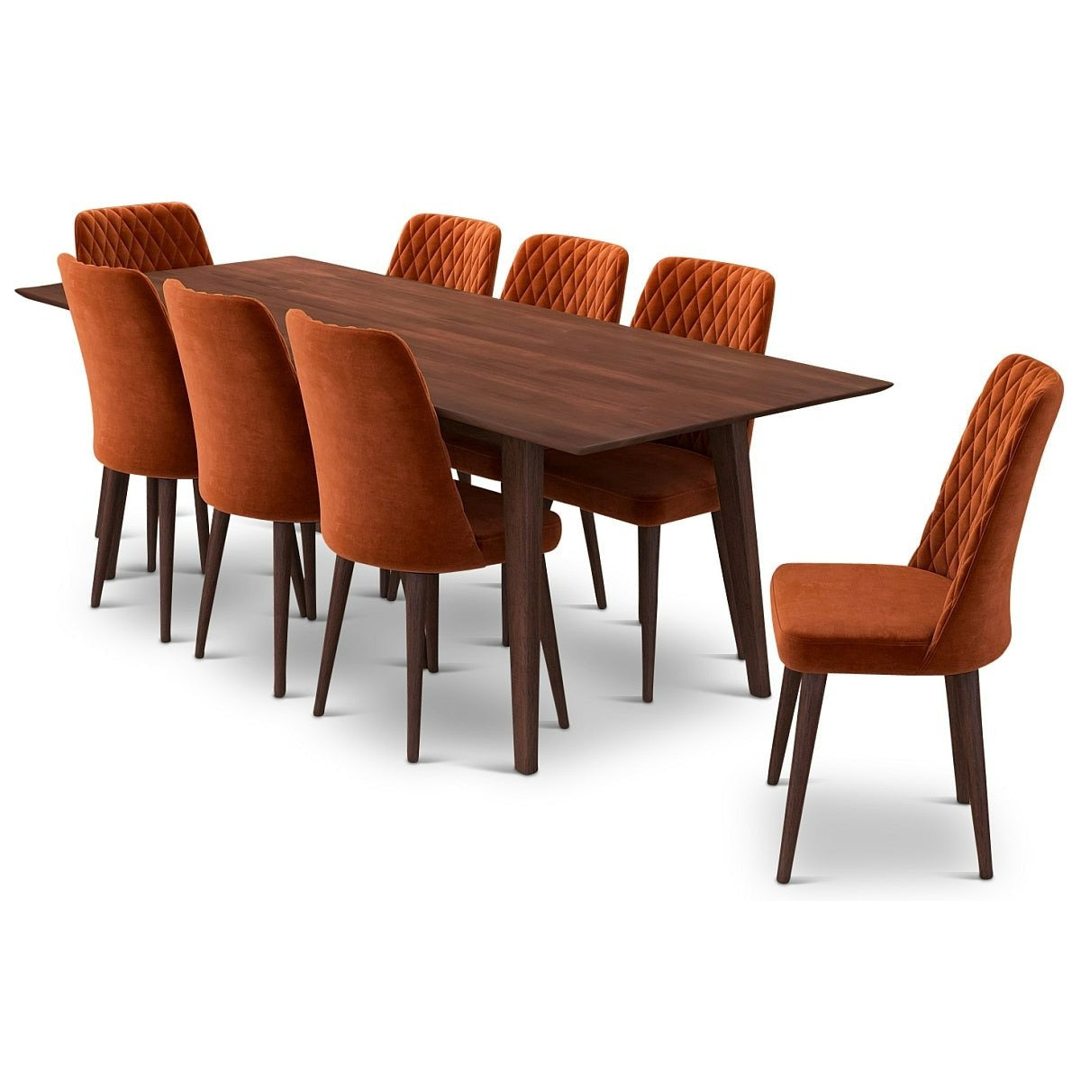 Adira (Xlarge - Walnut) Dining Set With 8 Evette (Burnt Orange Velvet) Dining Chairs