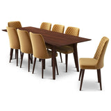 Adira (Xl - Walnut) Dining Set With 8 Evette (Gold Velvet) Dining Chairs