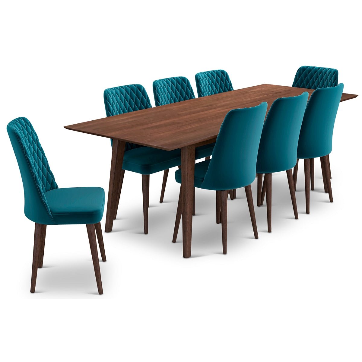 Adira (Xlarge - Walnut) Dining Set With 8 Evette (Teal Velvet) Dining Chairs