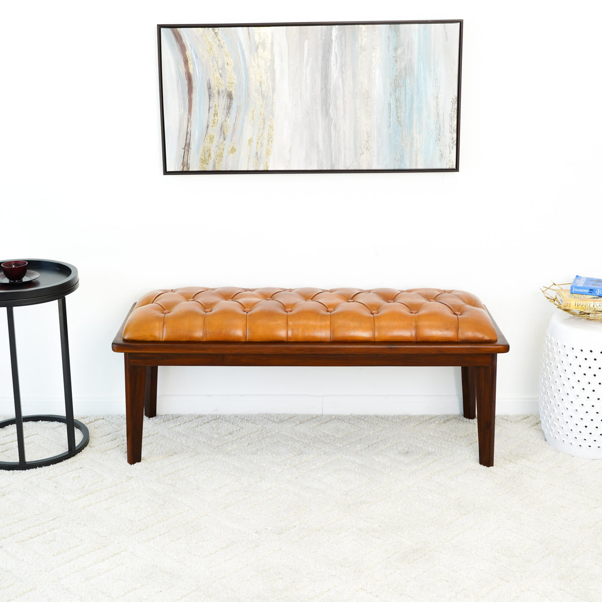 Arlington Tan Leather Bench W/Buttons