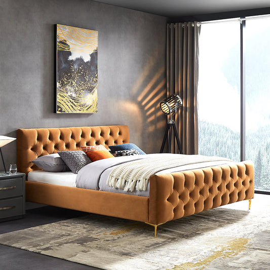 Beverly Platform Bed (King - Cognac Velvet)