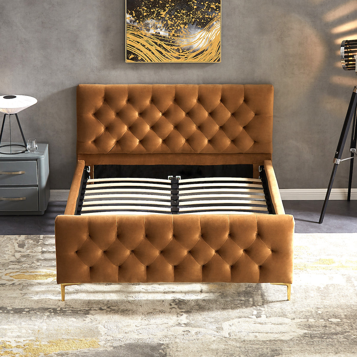 Beverly Platform Bed (Queen - Cognac Velvet)