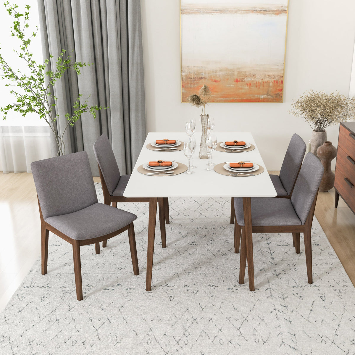 Dining Set, Alpine Large White Table With 4 Virginia Gray Fabric Chairs