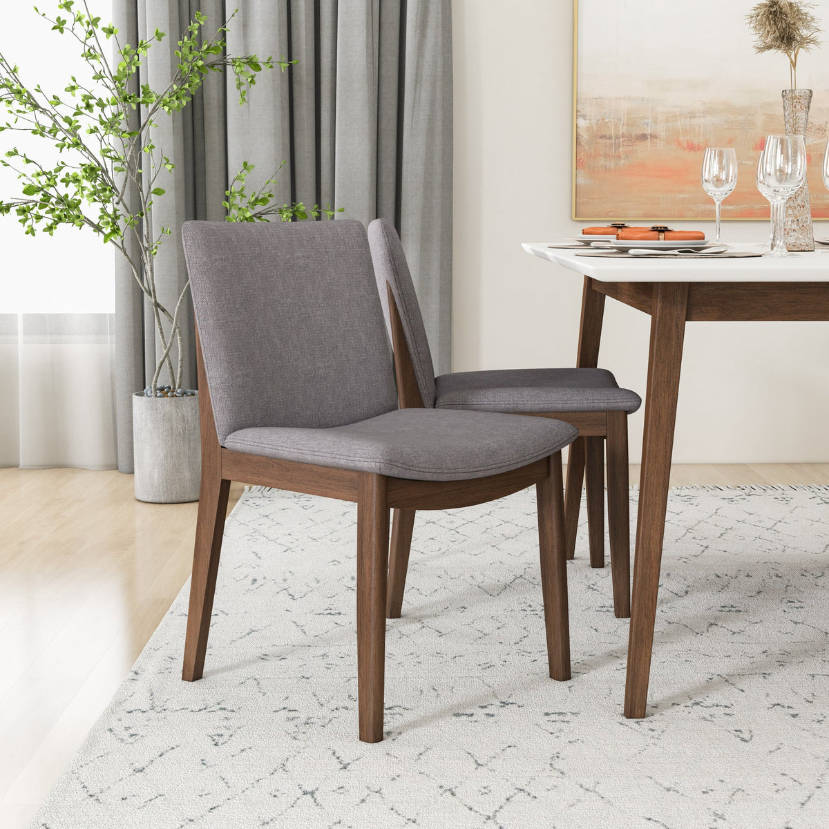 Dining Set, Alpine Large White Table With 4 Virginia Gray Fabric Chairs