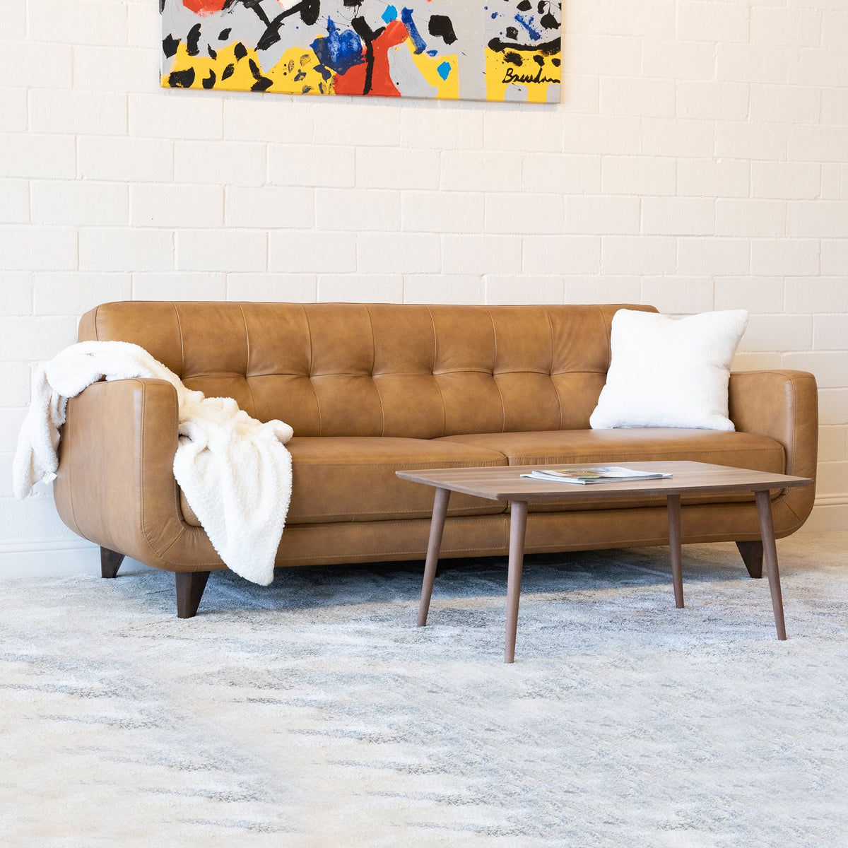 Cassie Mid-Century Modern Genuine Leather Sofa Tan