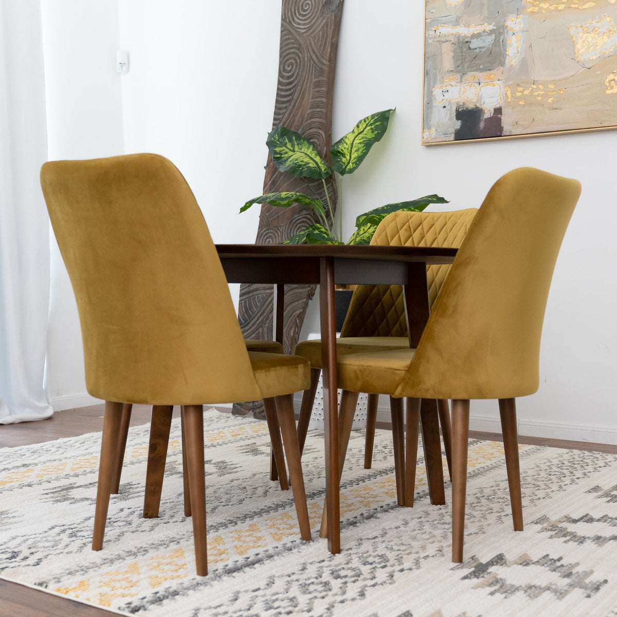 Aliana Dining Set With 4 Evette Gold Chairs (Walnut)