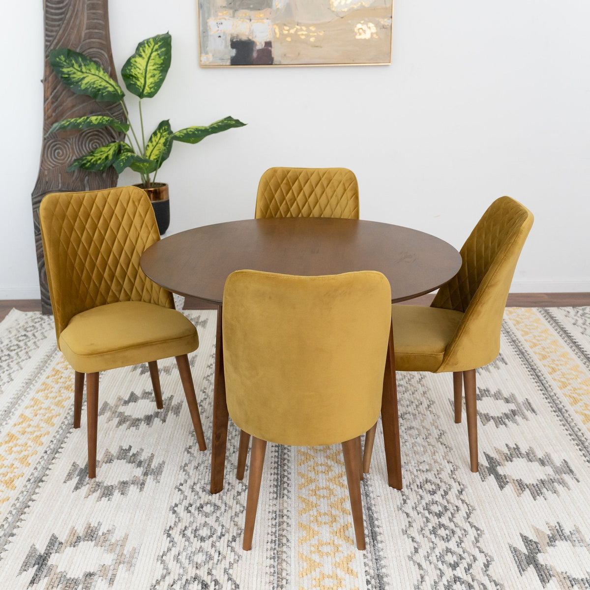 Aliana Dining Set With 4 Evette Gold Chairs (Walnut)