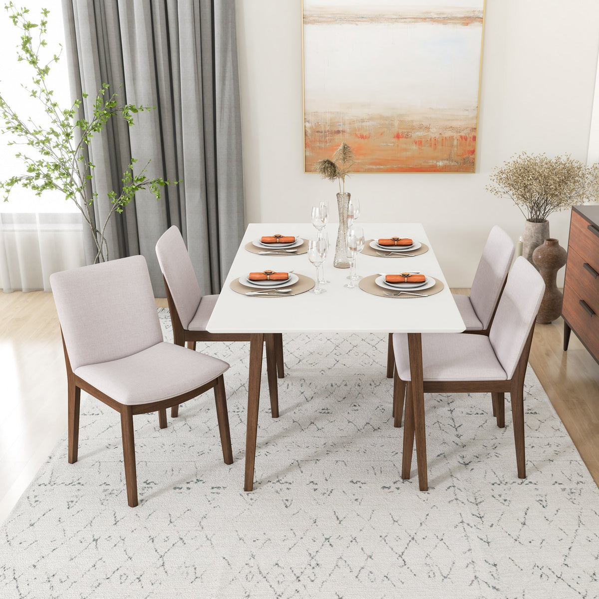 Dining Set, Alpine Large White Table With 4 Virginia Beige Chairs