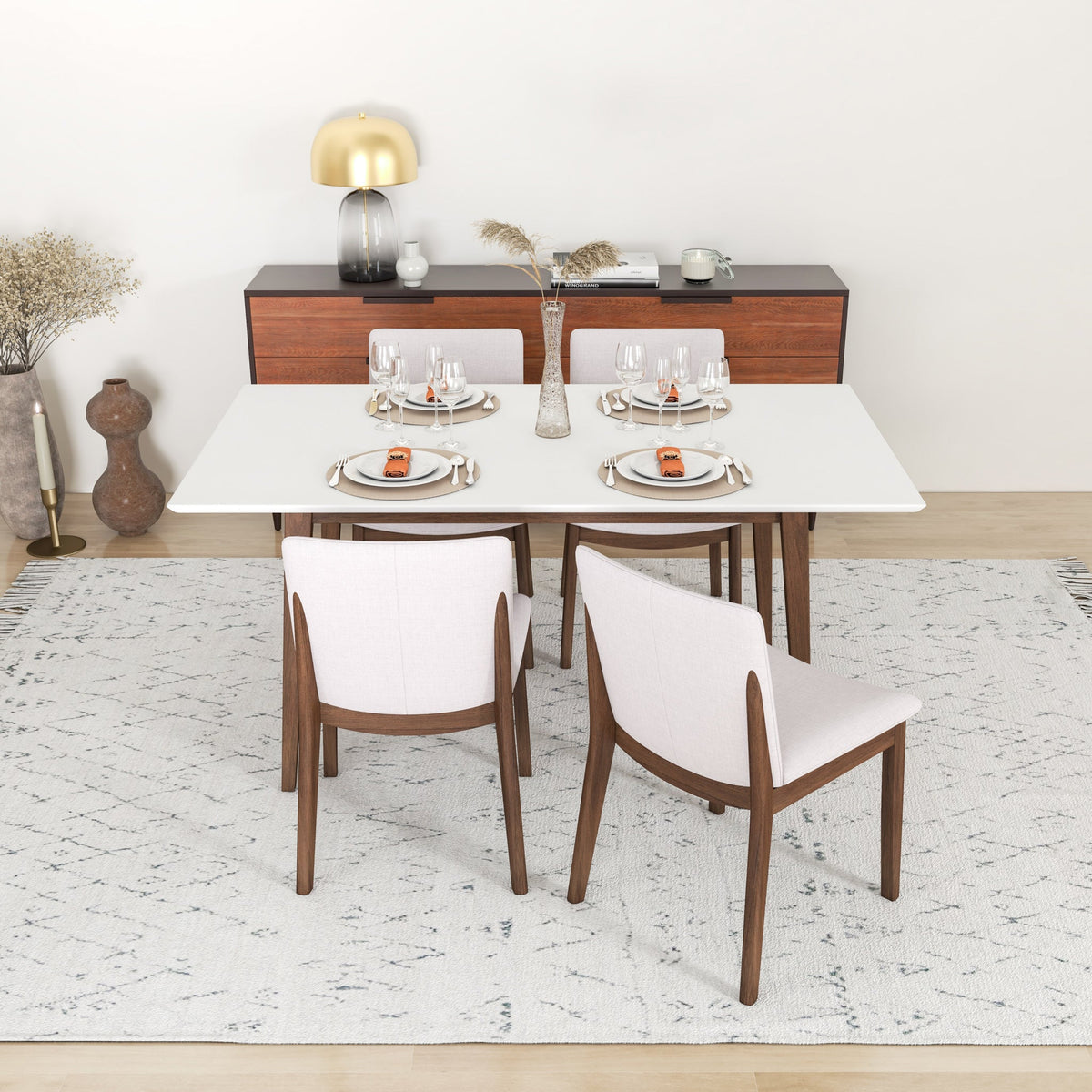 Dining Set, Alpine Large White Table With 4 Virginia Beige Chairs