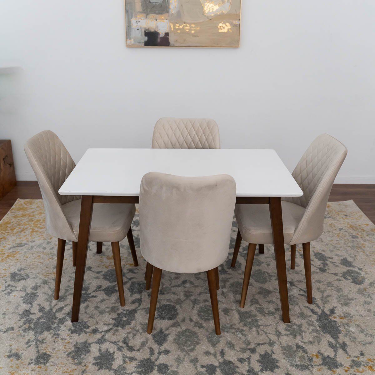 Alpine (Small-White Top) Dining Set With 4 Evette Beige Dining Chairs