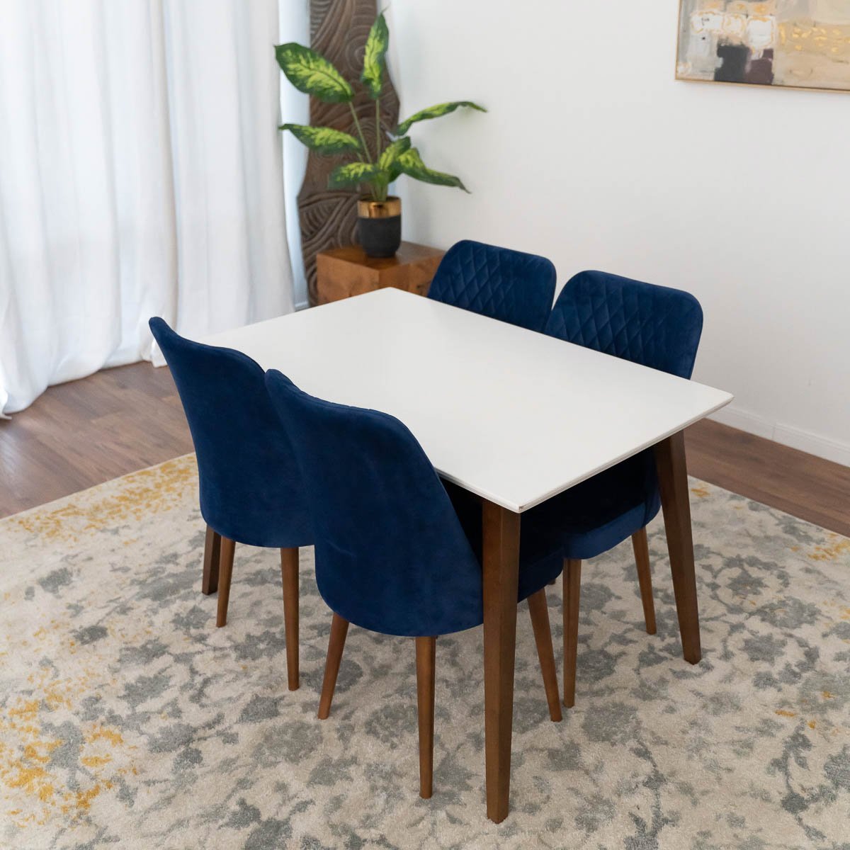 Alpine (Small-White Top) Dining Set With 4 Evette Blue Dining Chairs