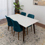 Alpine Large White Dining Set With 4 Evette Teal Dining Chairs