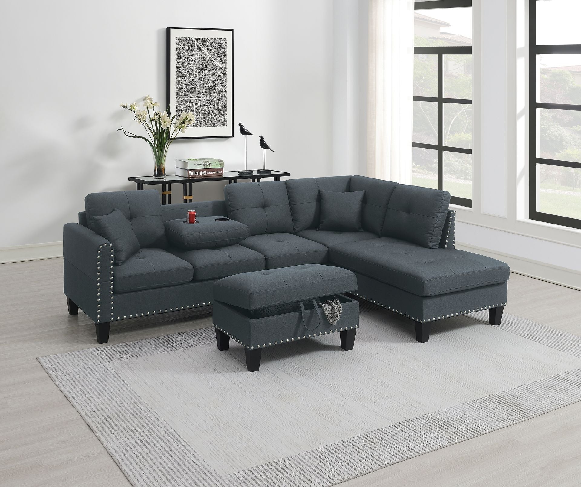 3-Piece Sectional Sofa (Charcoallinen-Like Fabric) - F8886