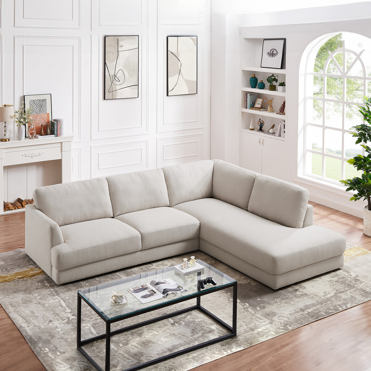 Glendale Cream Linen L-Shaped Right Sectional Sofa