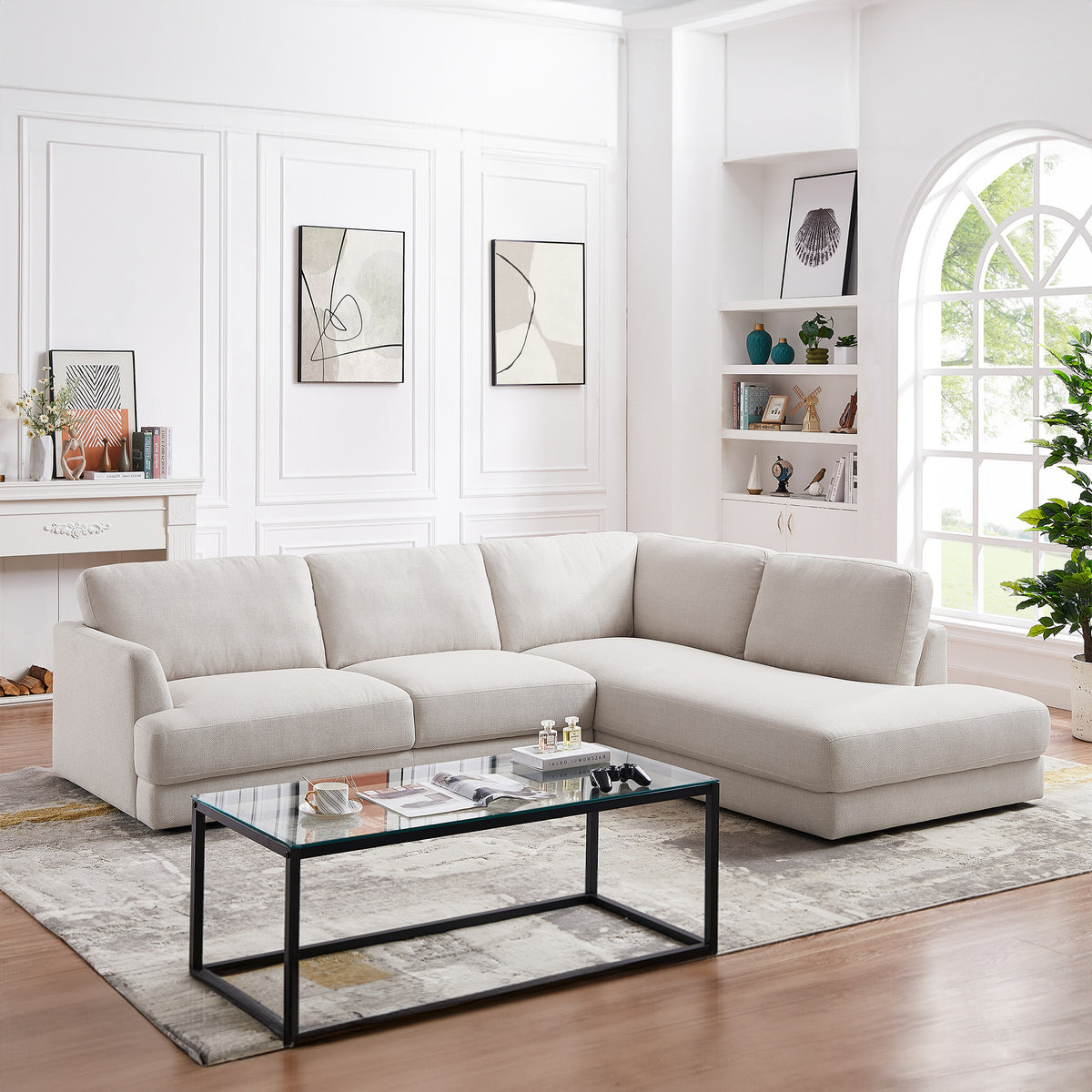 Glendale Cream Linen L-Shaped Right Sectional Sofa