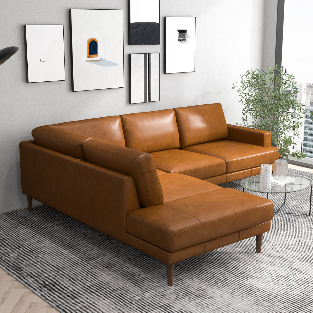 Harmony Tan Leather Sectional Sofa - Left Facing Chaise