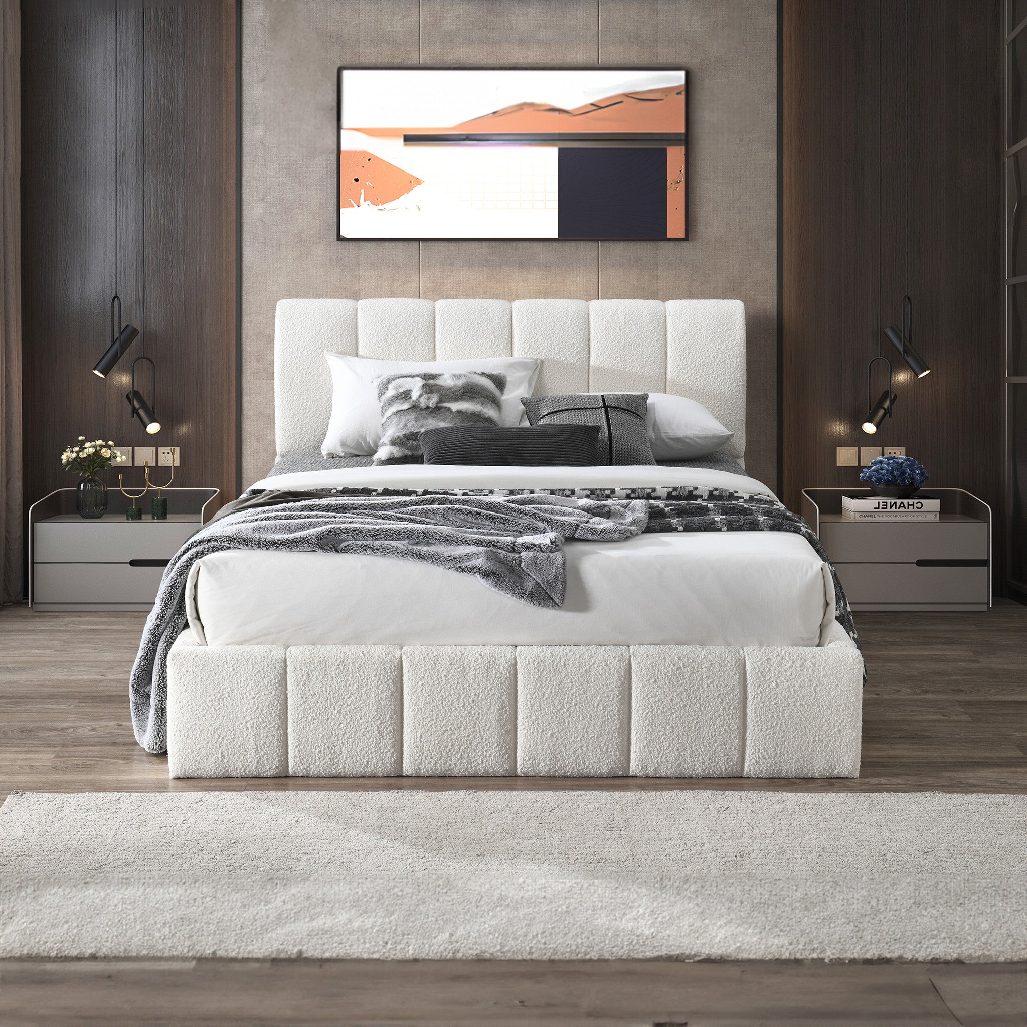 Hilar White Boucle Platform Bed Queen Size