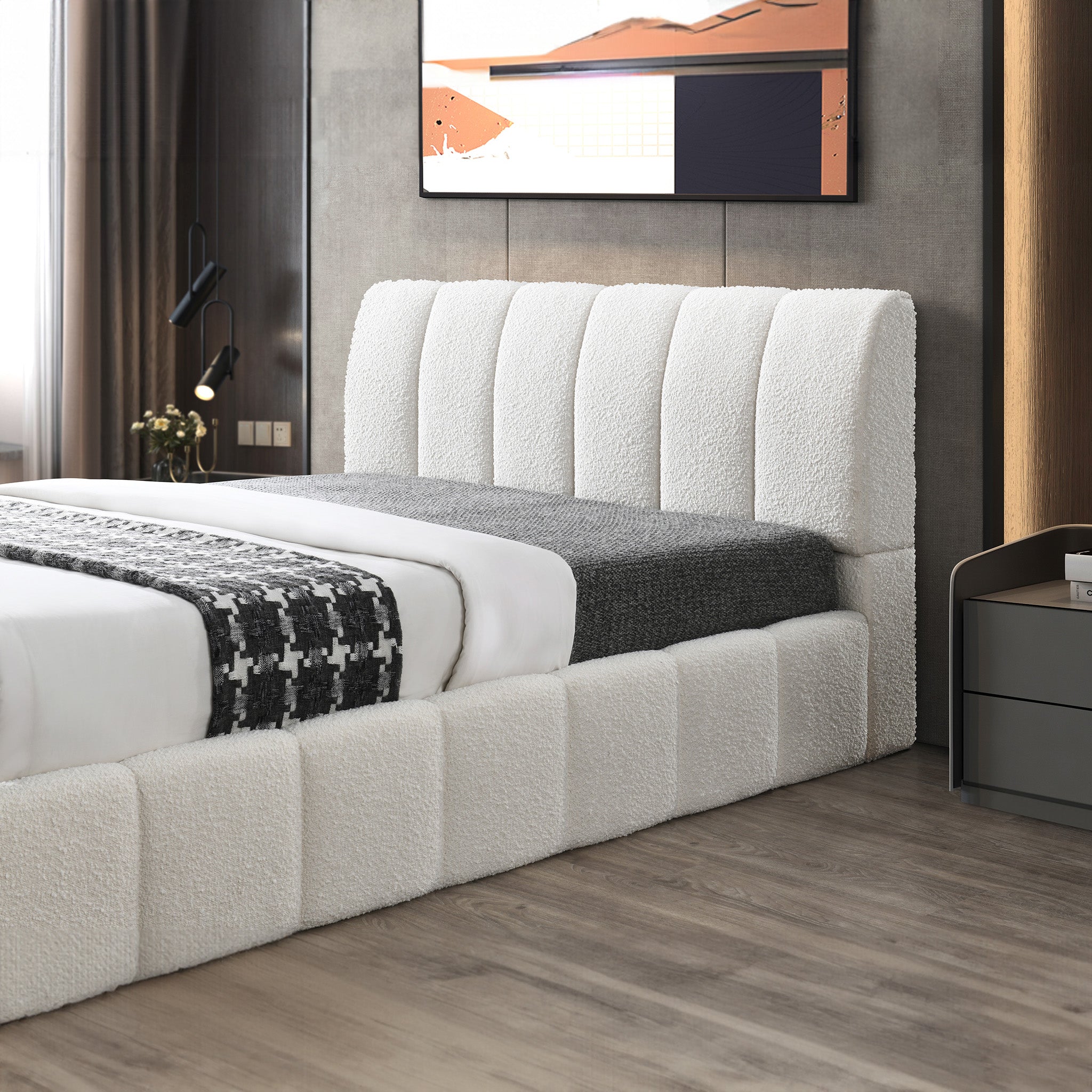 Hilar White Boucle Platform Bed Queen Size